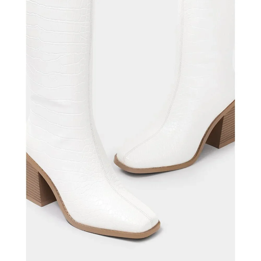 Women Crocodile White Polyurethane Knee High Square Toe Block Heel Tall Boots